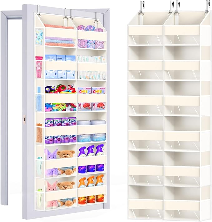 Heavy Duty Over The Door Organizer 6 Tiers, Extra Large Behind Door Storage of 12 Big Front & 12 Mesh Pockets, 80lb Weight Capacity, Hanging Doors Storage for Closet Bedroom Nursery, Beige