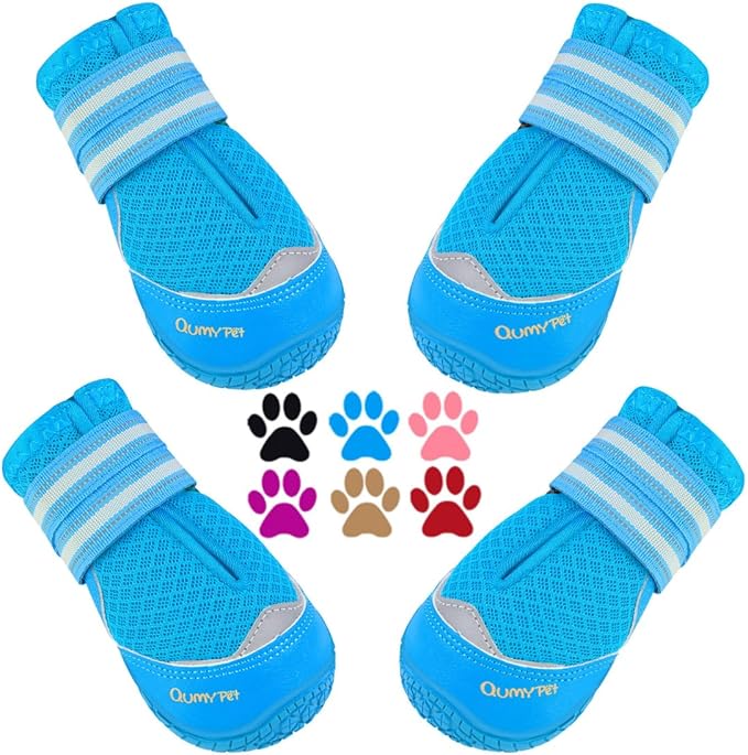 QUMY 4PCS Dog Boots for Large Dogs, Medium Dog Shoes & Paw Protectors for Hot Pavement, Summer Heat Protection, Mesh Breathable Nonslip Dog Booties for Hardfloors, Walking Running Hiking Blue Size 8