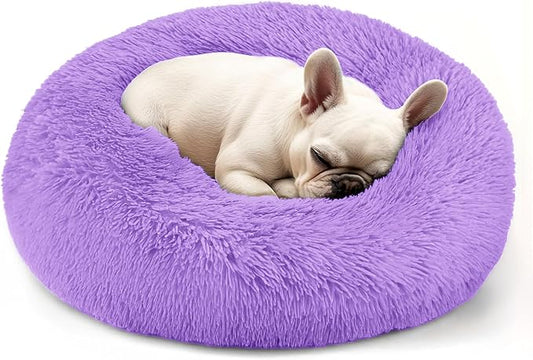 Hoewina Dog & Cat Bed, 20in Cat Beds for Indoor Cats, Calming Donut Bed for Puppy and Kitten, Washable Round Fluffy Pet Bed for Small Medium Dogs and Cats (Purple)