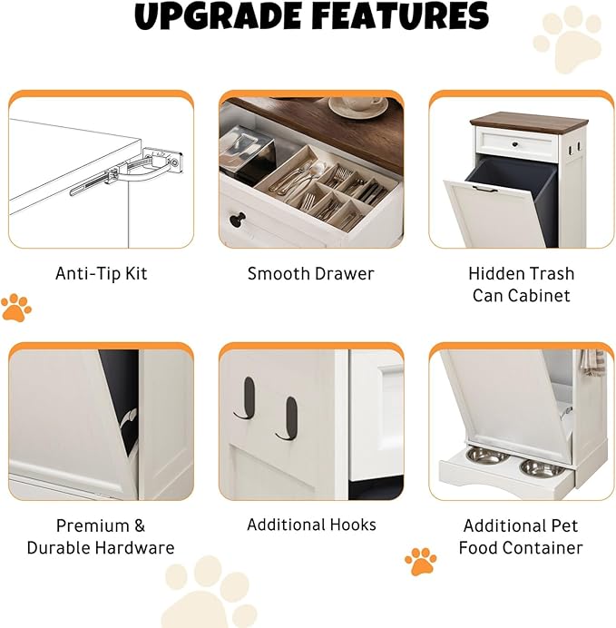 Tilt Out Trash Can Cabinet with Dog Bowl, 13 Gallons Dog Food Storage Cabinet, Hidden Trash Can Cabinet with Hideaway Drawer for Kitchen, Living Room (White, Single Door)