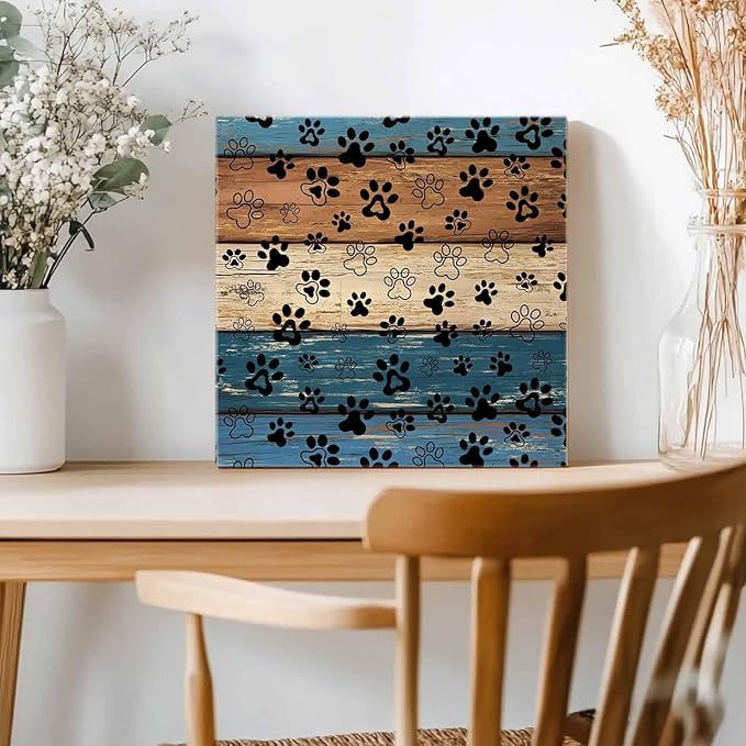 Framed Canvas Wall Art for Living Room Dog Paw Print Wall Decor, Retro Brown Blue Wood Grain Aesthetic Paintings for Bedroom Office Kitchen Bathroom, Ready to Hang Artwork Wall Pictures 8x8 Inch