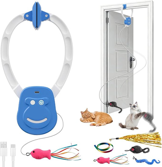 Automatic Cat Toy for Indoor Cats, Interactive Door Hanging Cat Toy with Smart Touch Restart, USB Rechargeable Cat Teaser with Elastic Rope, Adjustable Height Cat Toy for Kittens & Adult Cats (Blue)