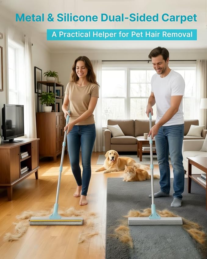 Carpet Rake for Pet Hair Removal Tool, Upgraded Reusable Carpet Scraper Broom with 54” Adjustable Long Handle, Premium Sturdy Cat & Dog Hair Remover Carpet Brush for Rugs, Mats, Couch