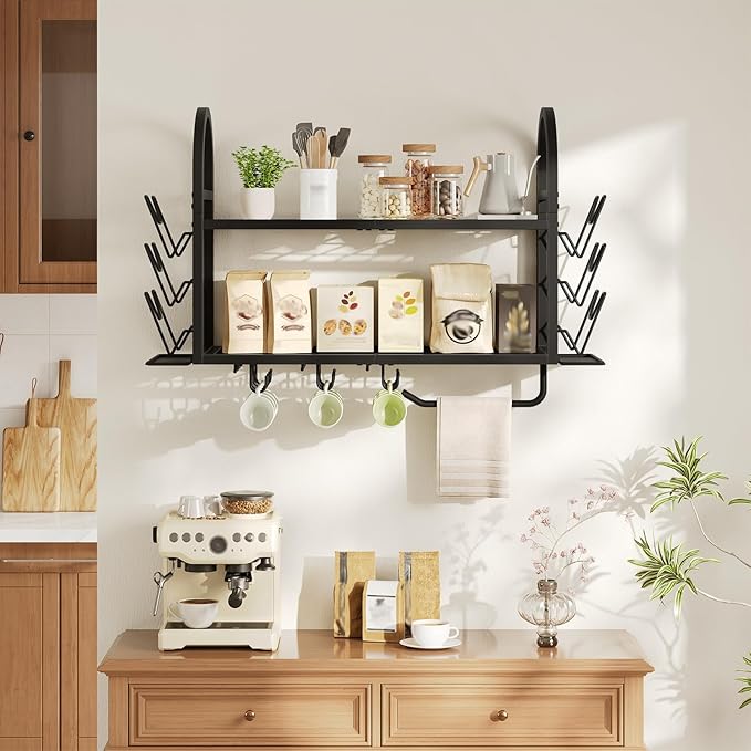 HOOBRO Pot Rack Wall Mounted, 2-Tier Kitchen Pot and Lid Organizer with 6 Lid Holders and 10 Hooks, Wall-Mounted Pot Rack with Towel Bar, for Kitchen Cookware Utensils Storage, Black BB100TL01