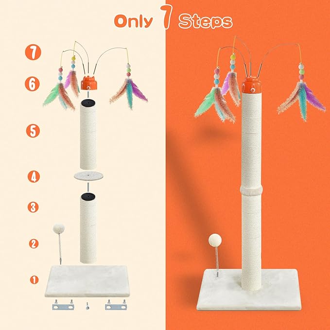 Cat Scratching Post ，33.4" Sisal Rope Cat Scratcher Tall Scratching Post for Indoor Cats with Interactive Cat Toys Automatic Teaser Wand and Rotating Hanging Balls