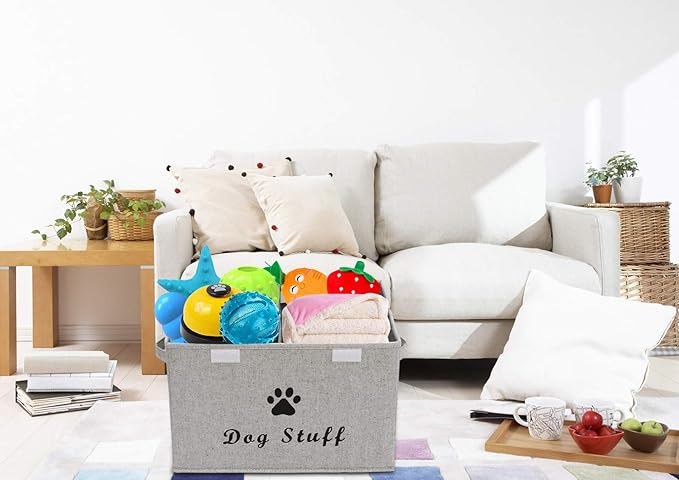 Dog toy box with lid dog storage organizer perfect basket for dog toys living room, playroom, closet, home organization and storage - Gray Stripe