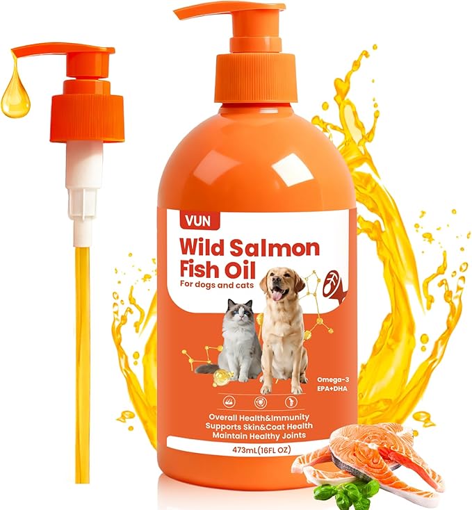 VUN Salmon Fish Oil for Dogs & Cats,Unflavored Omega 3 Oil Supplement for Itchy Dry Skin,Allergy Relief,Joints&Paws,Brain,Eyes&Heart Treatment,Wild Liquid Fish Oil by Pump with EPA DHA–16 oz