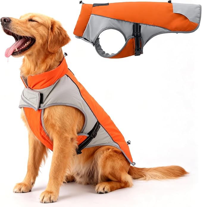 Warm Dog Cold Weather Coats - Waterproof Dog Winter Clothes with Reflective Straps, Adjustable Buckle & Leash Hole for Poodle, Dachshund,Border Terrier, Yorkshire Terrier，Orange & Gray XXL