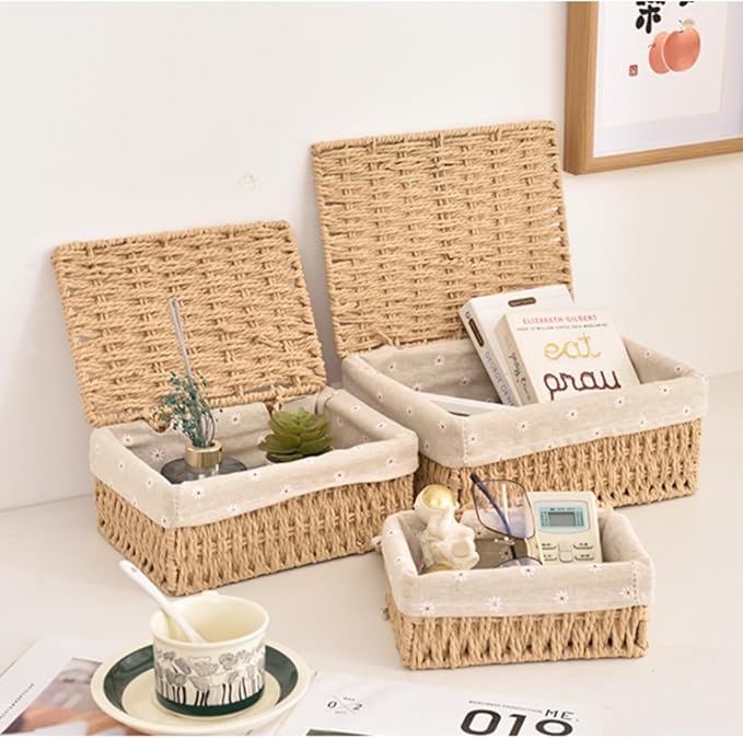 Woven Storage Baskets with Lids, Set of 3, Gray Paper Rope Wicker Bins with Lids & Removable Liners, Stackable Shelf Organizer Boxes for Bathroom Closet Nursery