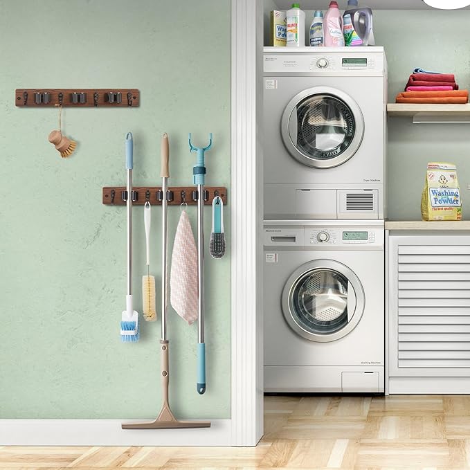 2 Pack Mop Broom Holder Wall Mount with 3 Slots & 4 Hooks - Rustic Wood Broom Mop Hanger for Pantry Kitchen Organization - Garden Tool Organizer for Closet Laundry Room
