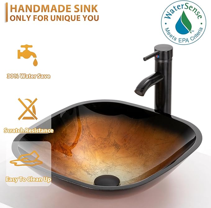 eclife 60" Modern Bathroom Vanity Sink Combo Freestanding Cabinet with Small Side Cabinet, Brown Square Glass Vessel Sink, Water Save Faucet, Drain (Black+A48)