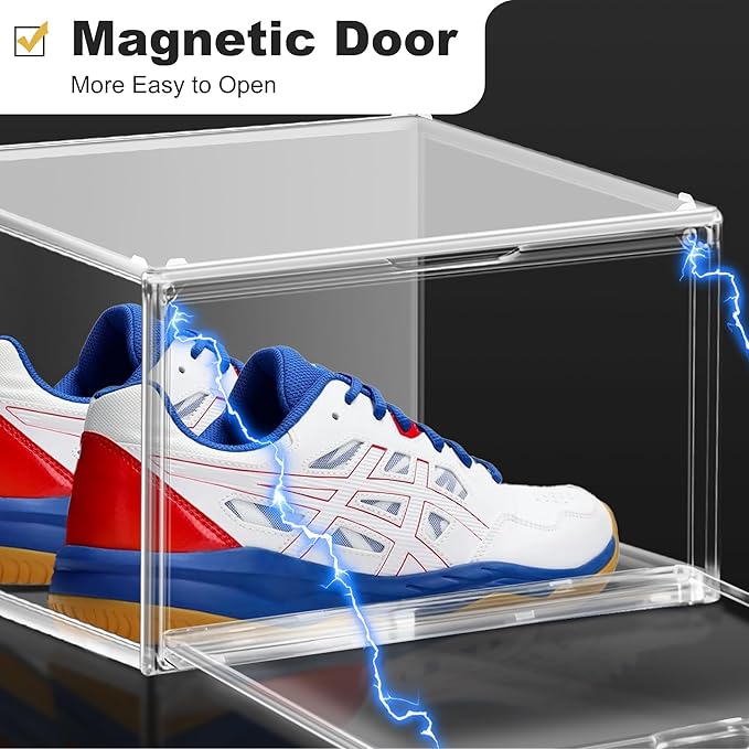 2 Pack Plastic Shoe Storage Boxes Fit US Size 13, Clear Stackable Shoe Display Case with Magnetic Acrylic Door, Shoe Containers for Sneaker Storage, Hats, Figure, Collectible