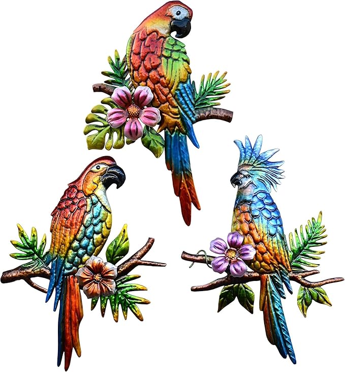 Voumsil 3 Pieces Parrot Metal Wall Art Decor Tropical Bird Hanging Outdoor Decor for Patio Balcony Garden Fence Art Living Bedroom Wall Sculpture Indoor Outdoor…