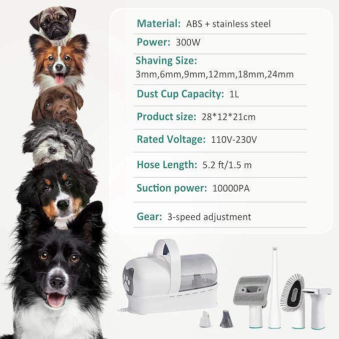 7-in-1 Ultra Quiet Dog Cat Grooming Vacuum Kit | 400W Powerful Suction, Hair Removal Tool for Shedding Pets | Professional Clippers & Deshedding Brush for All Furry Animals