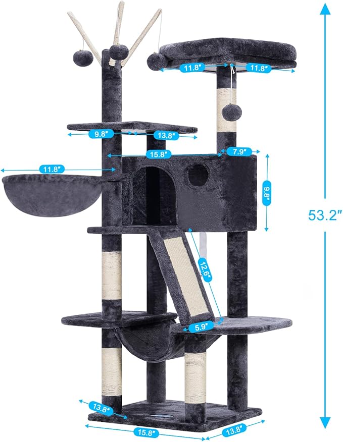 Hey-brother Cat Tree, 53 inch Cat Tower for Indoor Cats, Cat House with Padded Platform Bed, Toy Balls, Large Cozy Condo, Hammocks and Sisal Scratching Posts, Smoky Gray MPJ019-SG