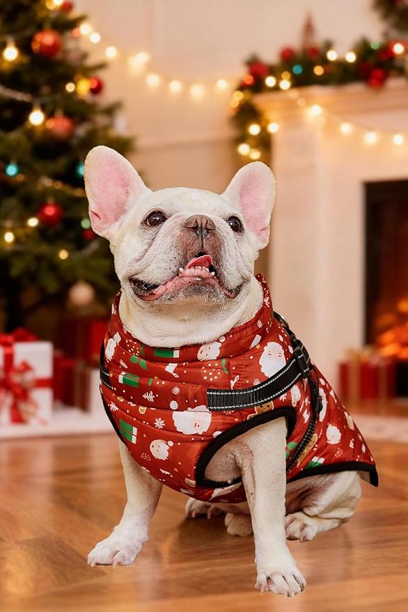 Aiboria Dog Jacket Windproof Fleece Dog Sweater with Padded Vest Chest Strap Harness Dogs Coat Christmas Red 4XL