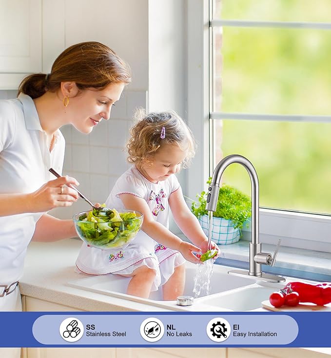 High Flow Kitchen Faucet 2.2 GPM, High Pressure Brushed Nickel Pull Down Sprayer, Stainless Steel Single Handle Sink Faucet for 1/3 Hole 10" Deck Plate
