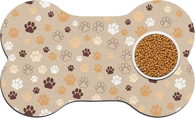 Pet Dog Cat Food Mat, Absorbent Bone Shaped Dog Bowl Mats for Food and Water, Non Slip Cute Dogs Cat Placemats Feeding Mat with Rubber for Floors Indoor Puppy Pet Accessories Supplies 12"x20" Khaki