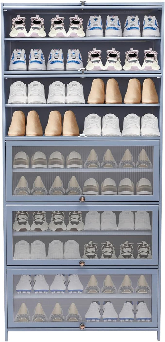 10 Tiers Shoe Rack, Bamboo Shoe Cabinet with Flip Doors Freestanding Shoe Shelf Storage Organizer for Closet, 40-45 Pairs Large Capacity Shoe Storage Cabinet for Closet, Hallway (Grayish Blue)