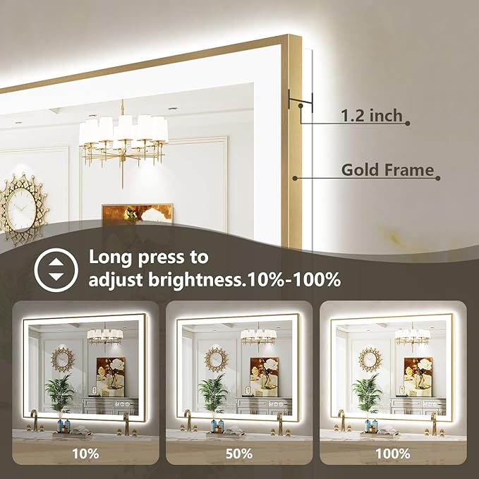 55x30 Inch LED Bathroom Mirror with Lights (Front Lit and Backlit) Gold Framed Lighted Vanity Mirror for Bathroom Wall Dimmable Anti-Fog Memory Tempered Glass Horizontal/Vertical