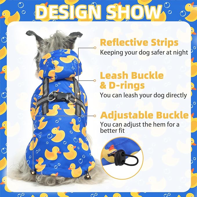 PUPTECK Dog Raincoat with Hood & Harness Built-in, Waterproof Dog Rain Jacket Slicker Poncho Reflective Vest Clothes for Rainy Snowy Winter Cold Days, Blue Duck XS