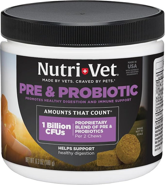 Nutri-Vet Pre & Probiotics for Dogs, Digestive Support, Upset Stomach, Puppy Probiotic, Pet Vitamins and Supplements, Dog Probiotics, Liver & Cheese Flavor, 120 Soft Chews