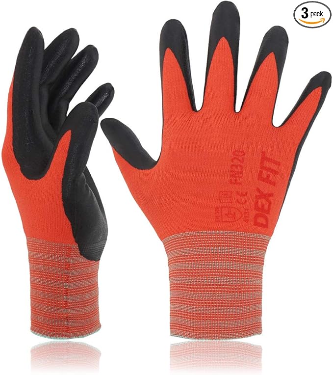 DEX FIT Premium Nylon Work Gloves FN320 - Firm Nitrile Grip, 3D-Comfort Stretchy Fit, Thin & Lightweight, Protective & Durable, Breathable, Machine Washable; Red 10 (XL) 3 Pairs