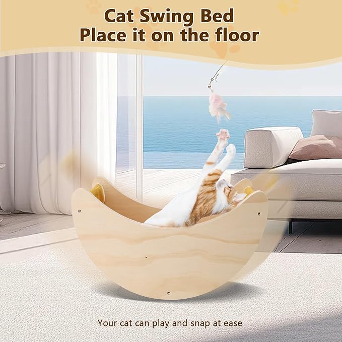 Cats Window Beds Moon Perches Seat for Indoor Cat, Wooden Moon Cat Hammock Shelves Mounted with Cushion & Suction Cups, Cordless Cats Furniture for Sleep and Watch Birds for Windowsill