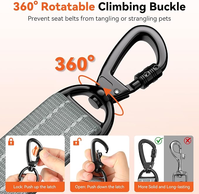 Dog Seat Belt, Dog Car Seat Belt Bungee, Car Harness for Pet with Buckle & Hook Latch, Safety Leash Vehicle, Adjustable Reflective Pet Vehicle Tether, 360° Swivel Lock Clasp, Gray
