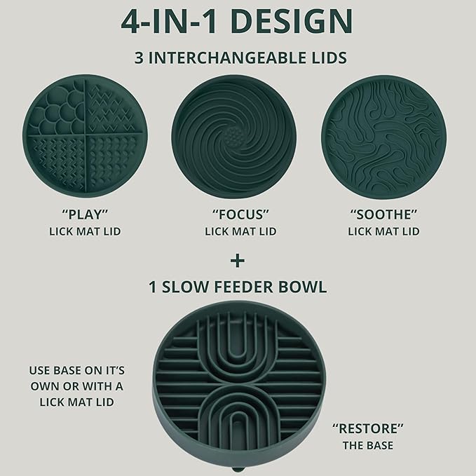 The Daily Bond 4-in-1 Dog Feeder – Slow Feeder Base with 3 Interchangeable Lick Mat Lids for Everyday Enrichment & Engagement– BPA-Free, Dishwasher-Safe Design