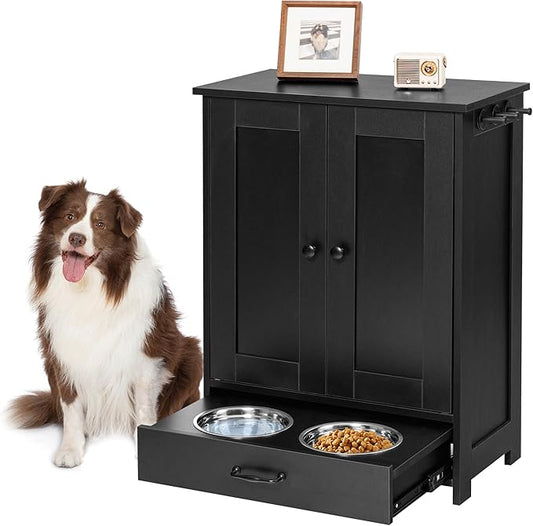 ALINE FURNITURE Dog Feeding Station with Storage Cabinet and 2 Elevated Dog Bowls, Hidden Pet Feeder Station Wood, Dog & Cat Storage Organizer, Black