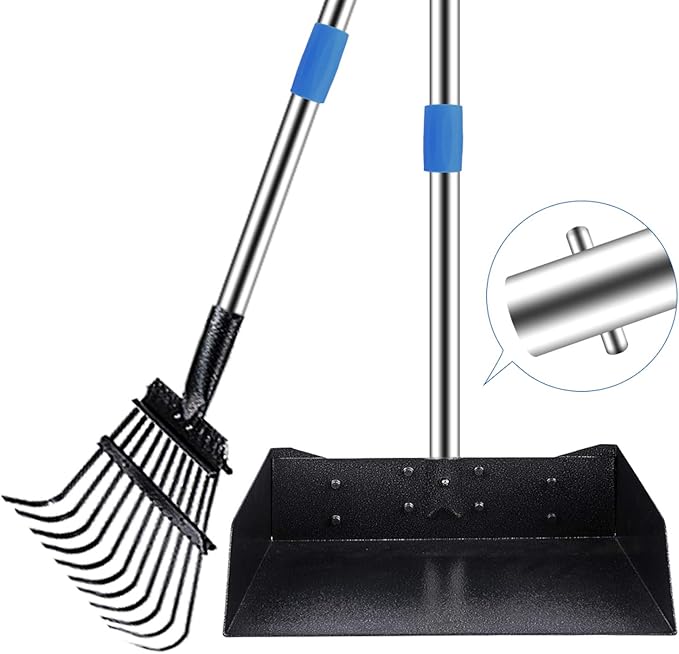 QiMH Upgraded Dog Pooper Scooper Extra Large, Adjustable Long Handle Stainless Metal Pet Poop Tray and Rake Set for Large Medium Small Dogs, Dog Waste Removal Bin Rake, Great for Grass, Street, Gravel