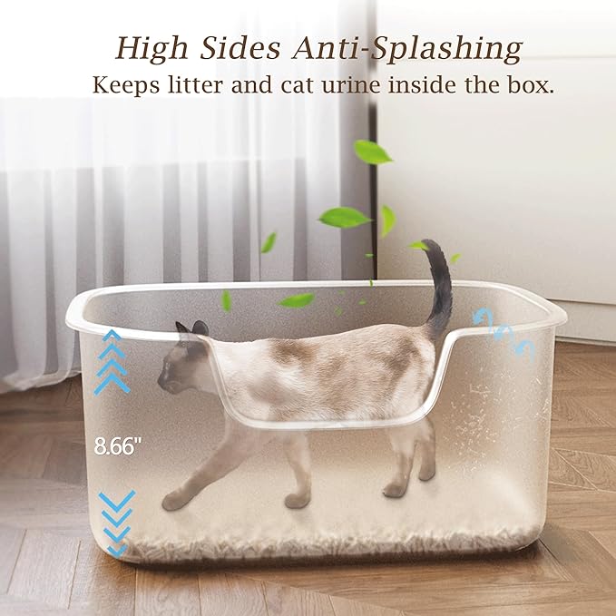 Large Cat Litter Box with High Sides, Side Entry Open Top Deep Tall Litter Pan, Kitty Litter Box for Indoor Small and Medium Cats, Grey (Anti-Splashing) 19.7" L x 15.4" W x 8.6" H