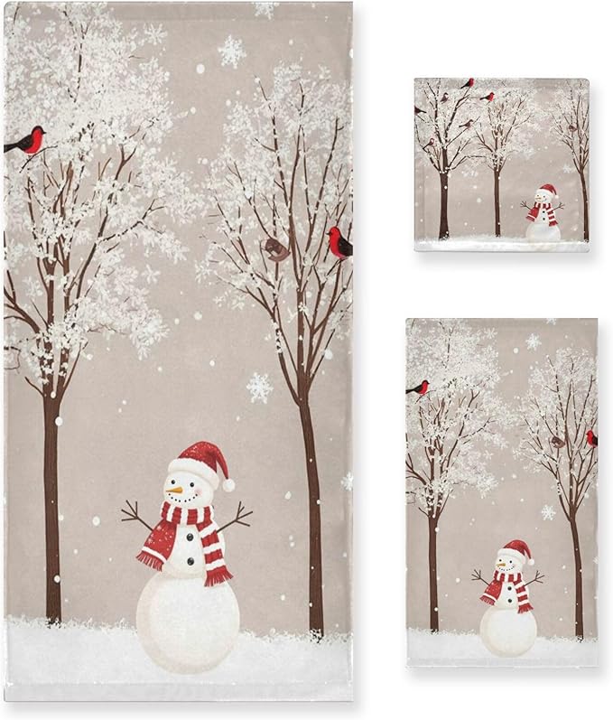 Pfrewn Winter Snowman Bird Tree Snow Towels Set of 3 Snowflakes Peach Christmas Bathroom Towel Soft Absorbent Bath Hand Towels Washcloth Guest Towel Sets Rustic Farmhouse Xmas Holiday Decor