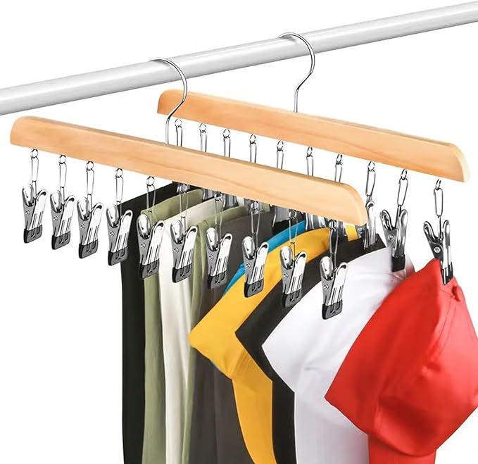 Closet Organizer with 10 Clips - Space Saving Hanging Closet Organizer, 2026 Upgraded Legging Hangers for Closet, 360° Rotating Metal Clips with Silicone Lining for Clothes (New-Wood, 1PC)