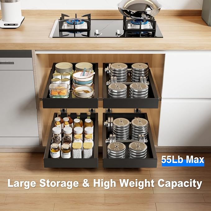 2 Pack Pull Out Cabinet Organizer,21.8" Deep Slide Out Drawer for Cabinets Adhesive Pull Out Drawers Heavy Duty Pull Out Shelves for Kitchen,Cupboard,Pantry,Bathroom-Black