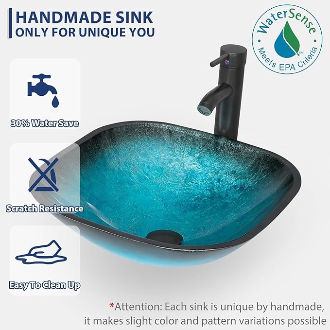 eclife 72" Modern Bathroom Vanity Sink Combo Freestanding Cabinet with Small Side Cabinet, Turquoise Square Glass Vessel Sink, Water Save Faucet, Drain (Black+A10)
