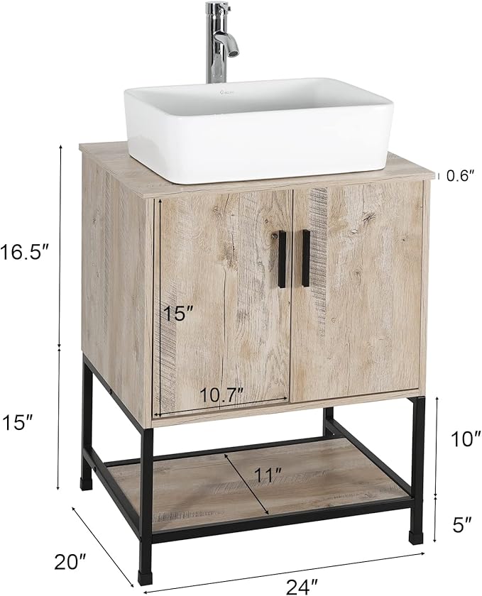 eclife 24" Bathroom Vanity Sink Combo Modern Metal Stand Cabinet W/Bottom Shelf White Rectangle Vessel Sink & Water Save Faucet & Pop Up Drain, Oak (T03)