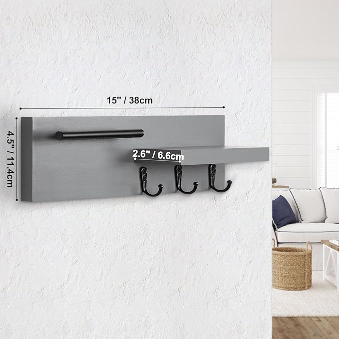Key Holder for Wall, Decorative Entryway Shelf with Hooks Holds Keys, Dog Leash, Sunglasses – Key Hanger with 3 Hooks Organizes, Enhances Home Decor (15” x 4.5” x 2.6”) (Grey)