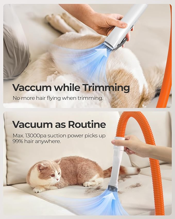 Dog Grooming Kit, 13kpa Pet Hair Vacuum & Dog Dryer with Cordless Hair Clipper for Trimming and Drying, Low Noise 3 Air Speeds and Smart Thermostat for Cat Dog Hair Care