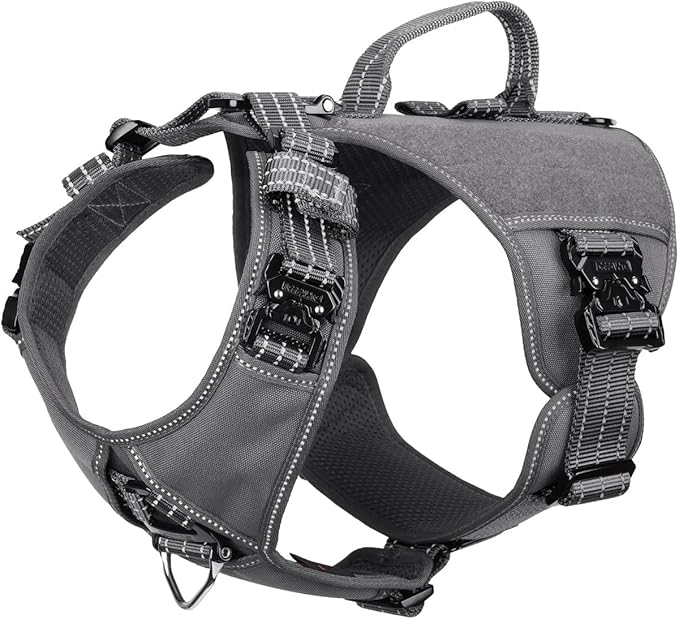 ICEFANG GN8 Tactical Dog Harness with 4X Metal Buckles for Large Sized Dogs,Reflective in Training Walking K9 Dog Vest,No-Pull Front Leash Clip,Adjustable Pet Harness (Grey, Large (Pack of 1))