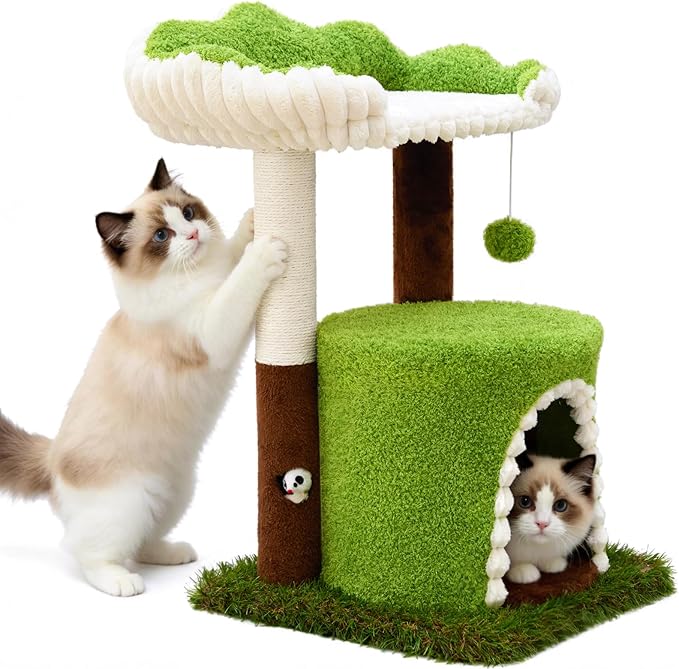 Multi-Level Cat Tree with Sisal Scratching Post, Small Cat Tower with Cozy Condo, Soft Top Perch and Interactive Toy Mouse, Cute Forest Design Cat Furniture for Indoor Cats and Kittens