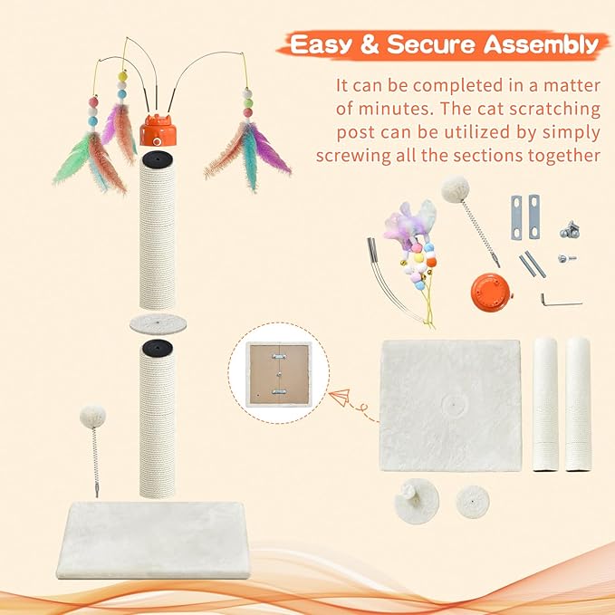 Cat Scratching Post ，33.4" Sisal Rope Cat Scratcher Tall Scratching Post for Indoor Cats with Interactive Cat Toys Automatic Teaser Wand and Rotating Hanging Balls