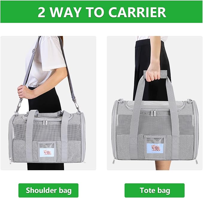 Gray pet carrier shown as a shoulder bag and tote bag with text indicating two-way usage.