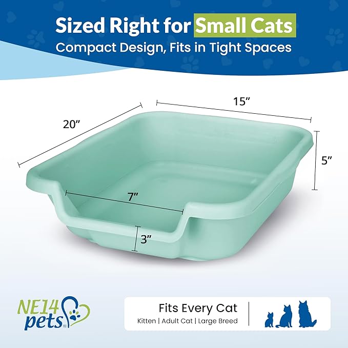 KittyGoHere Senior Cat Litter Box, Small litter pan with Long-Handle Jumbo Scoop, Open Top Low Entrance Kitty Litters Box, Lightweight Low Entry Litter Box, Durable, Made in USA (2 Pack - Apple Green)