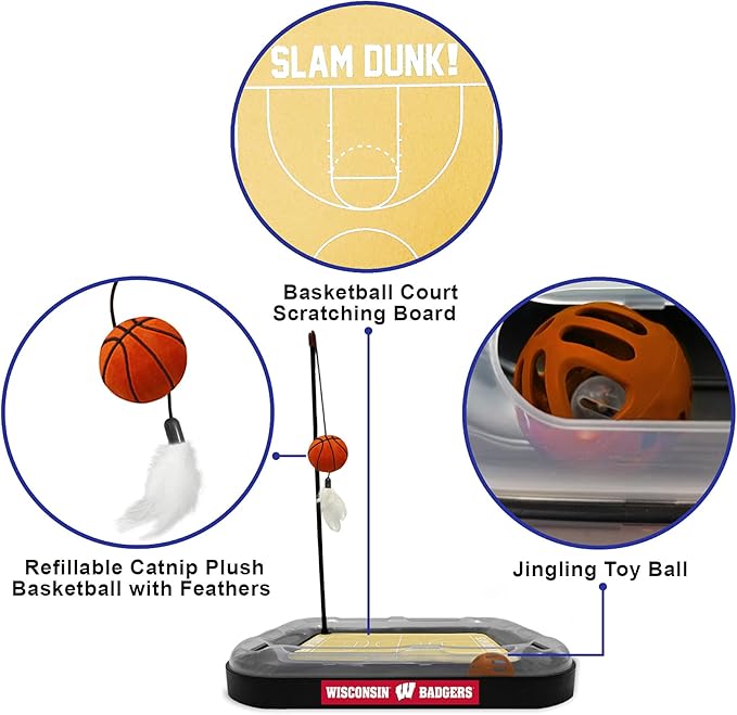 NCAA WISCONSIN Badgers Basketball Court Reversible Felt/Cardboard Cat Scratcher Toy with Interactive Cat Ball Bell Tracker - 6-in-1: Wand, Catnip-Filled Plush Basketball