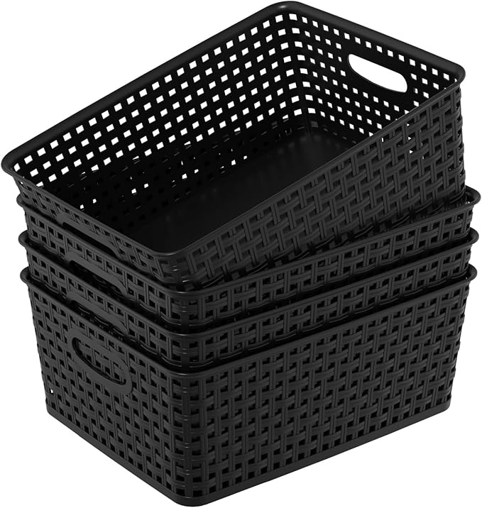 4 Packs Woven Plastic Storage Baskets, Plastic Basets Medium, Black