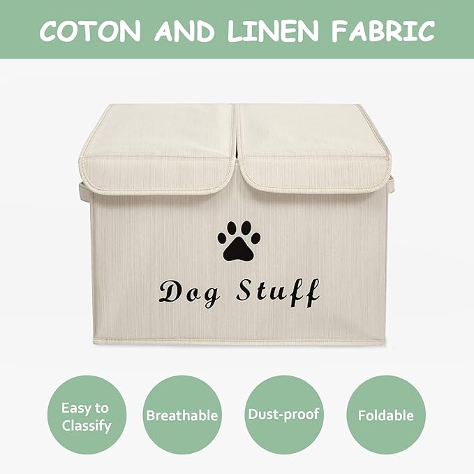 Geyecete Large Storage Boxes - Large Linen Fabric Foldable Storage Cubes Bin Box Containers with Lid and Handles for Dog Apparel & Accessories, Dog Toys(BambooiBeige)