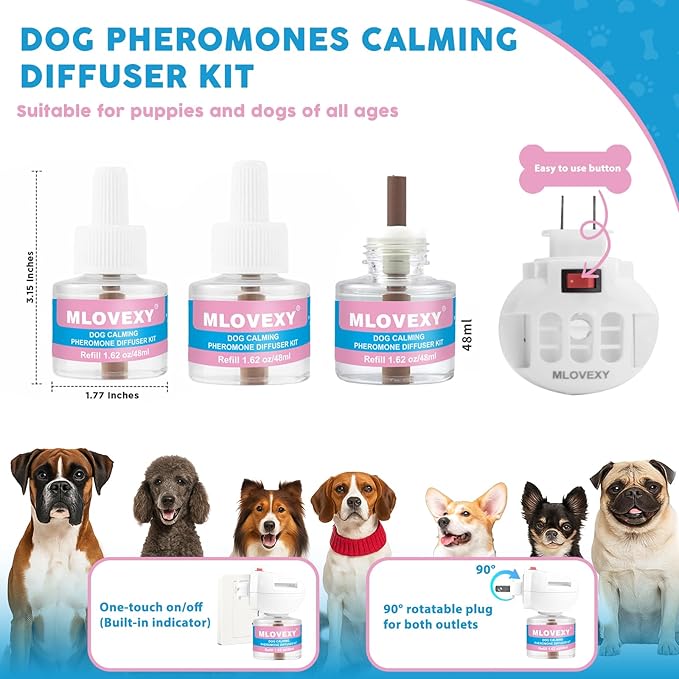 Dog Pheromones Calming Diffuser, 4 in 1 Kit Dog Calming Diffuser to Relieve Stress,Calming Diffuser for Dogs to Reduce Aggression Fighting Barking (3 Refills,1 Diffuser and 90 Days)