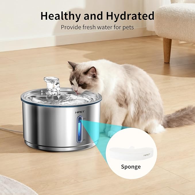 NPET Stainless Steel Cat Water Fountain, 1Gallon/135oz Automatic Pet Drinking Fountain with 4 Pack Replacement Filters